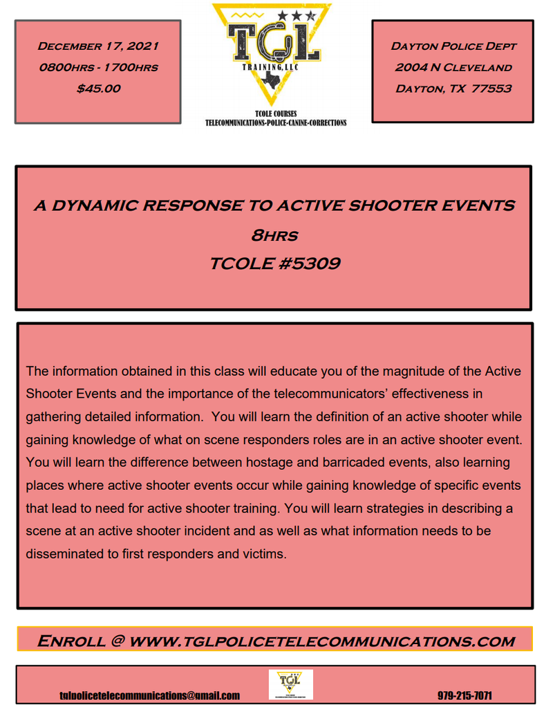 Cancelled 12 A Dynamic Response to Active Shooter Events TCOLE 5309 (Dayton)