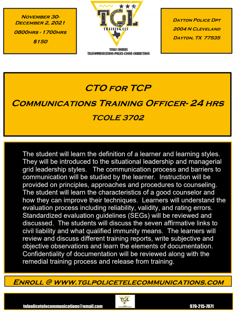 11 CTO for TCP - Communications Training Officer - TCOLE 3702 (Dayton)