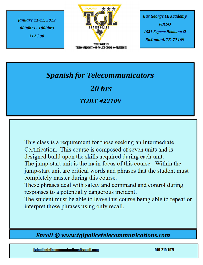 CANCELLED 01 Spanish for Telecommunicators - TCOLE 22109 - 20 Hours (Richmond)