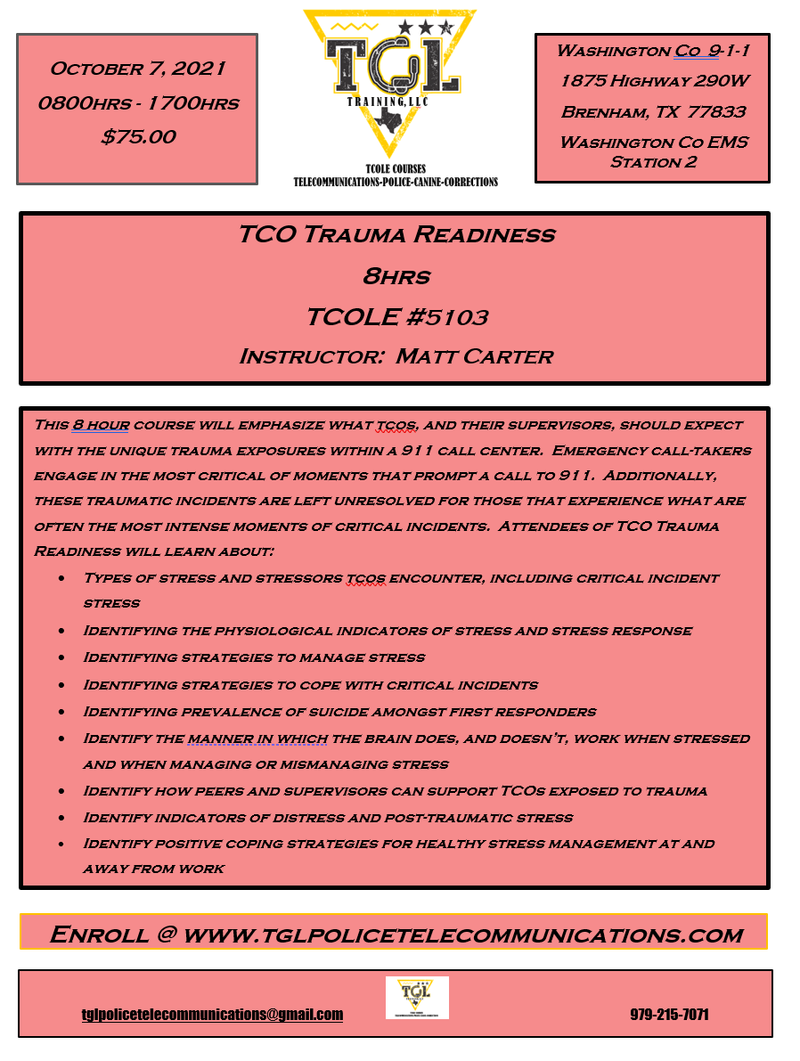 Cancelled 10 (Preciously 10-7-21)Trauma Readiness for TCO's - TCOLE 5103 (Brenham)