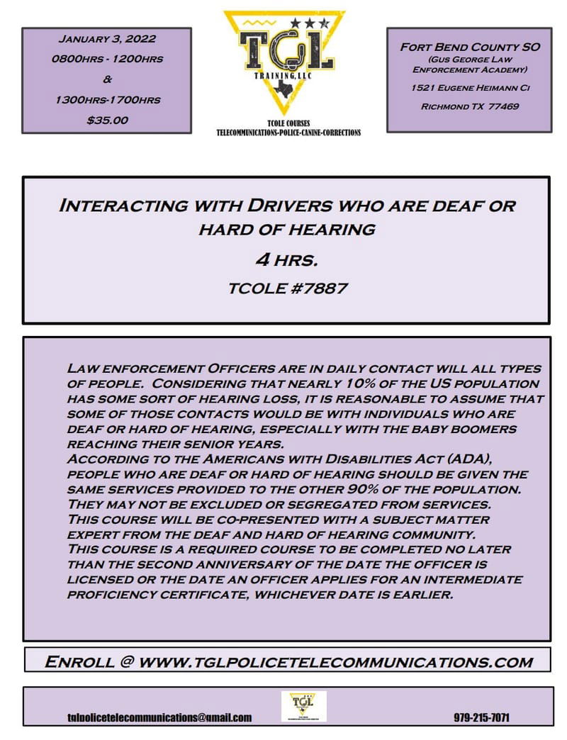 Cancelled 01 Interacting with Drivers who are deaf or hard of hearing - TCOLE 7887 (PM CLASS) RICHMOND