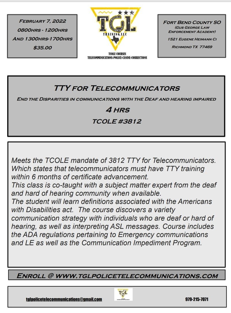 Cancelled  - 02 TTY for Telecommunicators - End the Disparities in communications with the Deaf and hearing impaired  - TCOLE 3812 (Richmond)