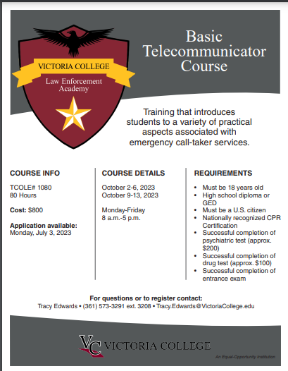 10 Basic Telecommunicators Licensing Course 80hrs - TCOLE 1080 (Victoria)