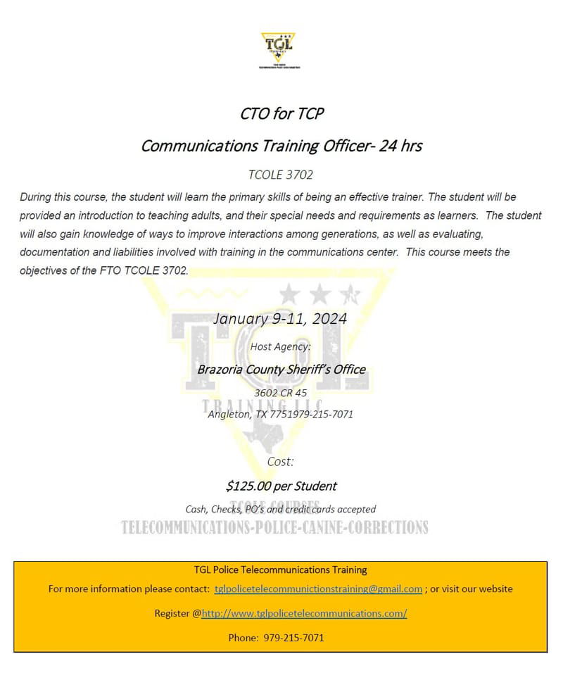 01 CTO for TCP - Communications Training Officer - TCOLE 3702 (Brazoria County)