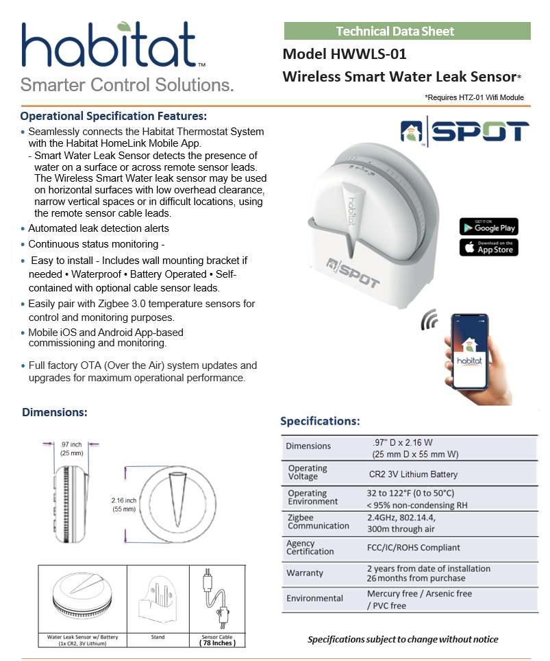 Model HWWLS-01 SPOT Wireless Smart Water Leak Sensor