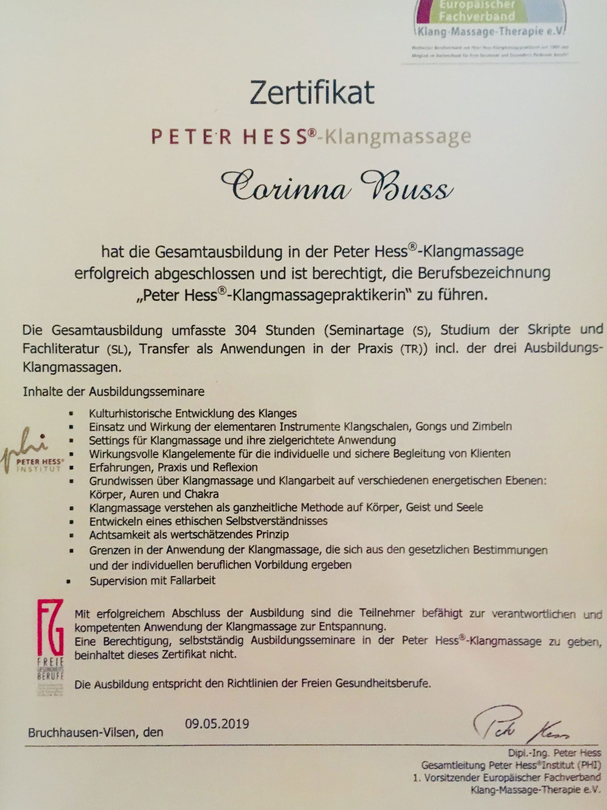 Zertifikat - Peter Hess®-KlangmassagePraktikerin