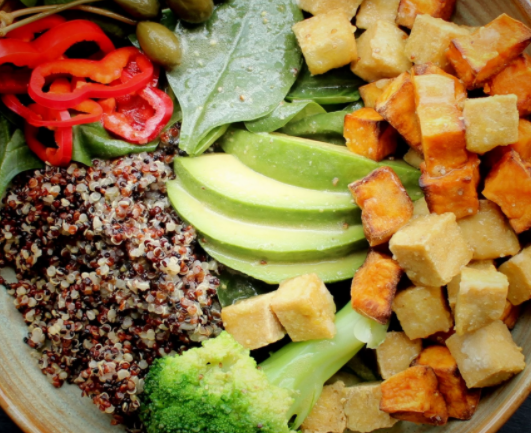 Quinoa Salad with Crispy Tofu Cubes and Lime Vinaigrette