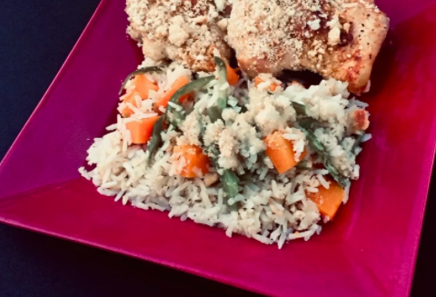 Baked Chicken Thighs, Rice, and Vegetables