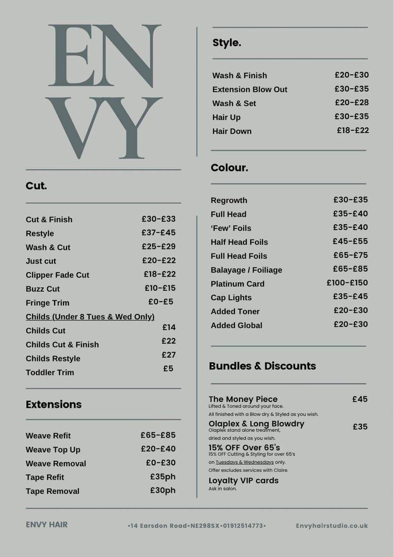 New price structure 2023 Envy Hair And Beauty Studios