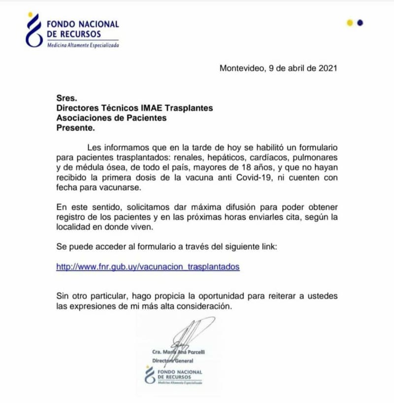 Fondo Nacional de Recursos habilitó formulario para que pacientes trasplantados reciban vacuna anti COVID-19
