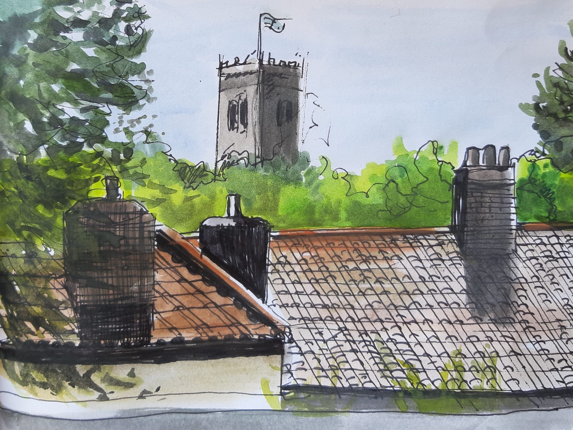 View of St. Mary's Church, pen and watercolour, 18cm x 13cm, £50 All proceeds to the NHS