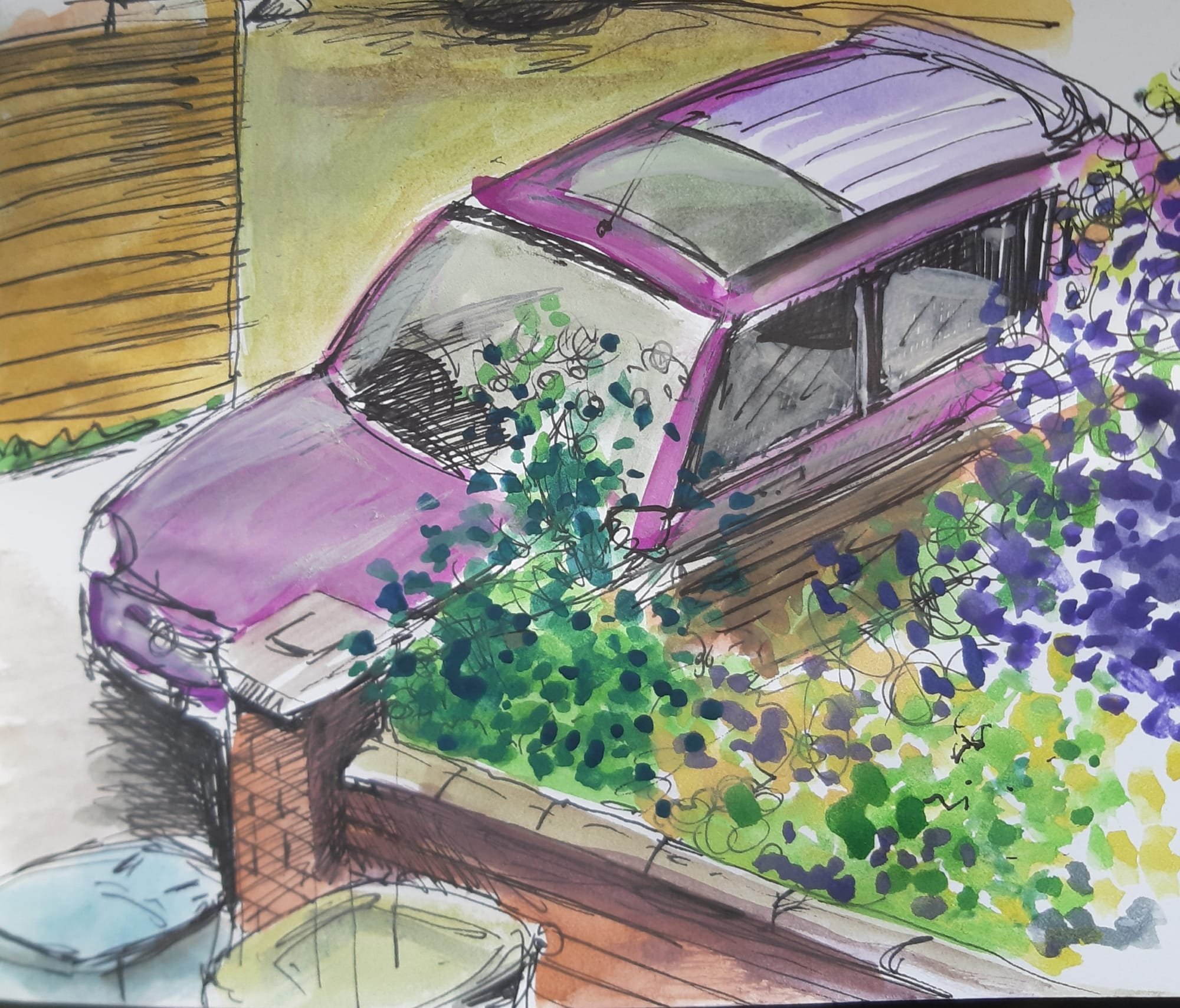 Purple Car, water colour and pencil, 18cm x 13cm, £50 All proceeds to the NHS