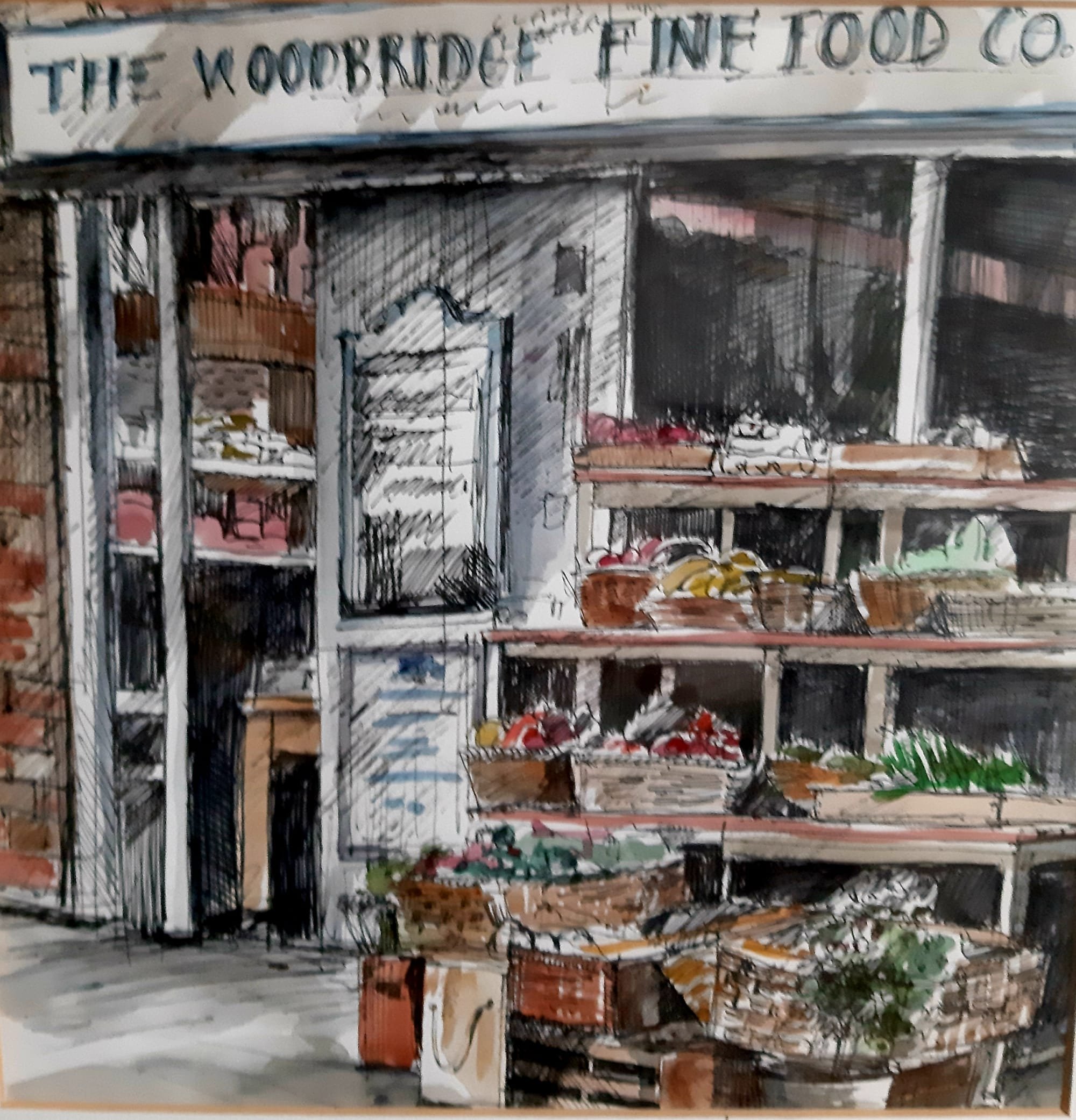 Woodbridge Fine Food, mixed media on paper, 2018