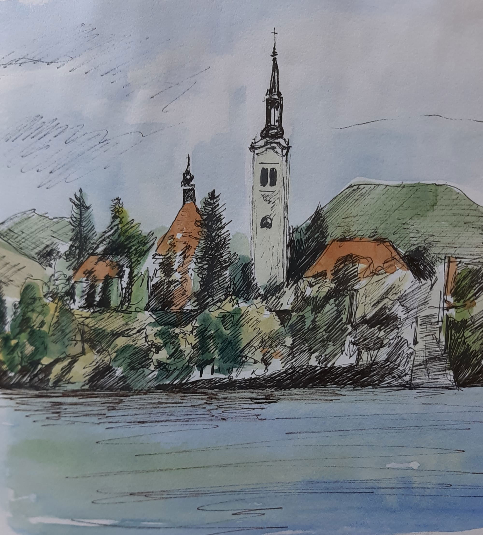 Lake Bled, Slovenia, pen and wash 25cm x 25cm 2014