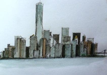 A view of Manhattan from the Staten Island Ferry, pen and wash, 2015