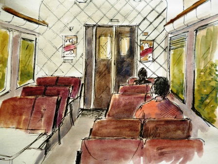 On the train to the Czech Republic, 25cm x 25cm, pen and wash, 2007