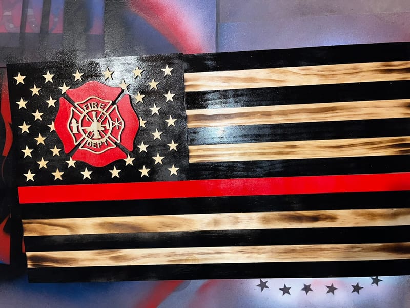 Waving Wooden Thin Red Line Firefighter Flag – Rugged Cross Creations