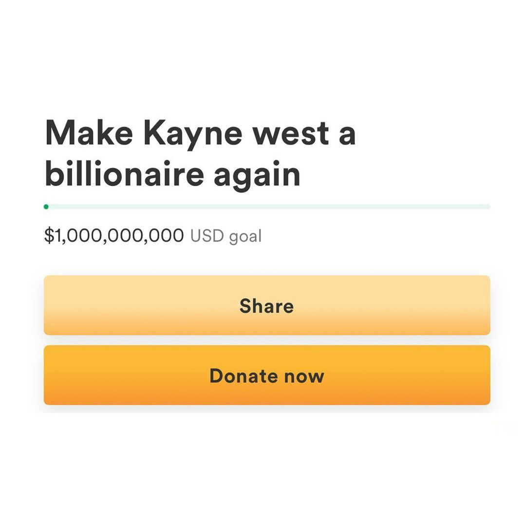 YE (KANYE WEST) 於 HIPHOP 富豪榜排名下跌後，FANS 開設《讓 YE 再次成為億萬富翁》眾籌活動
