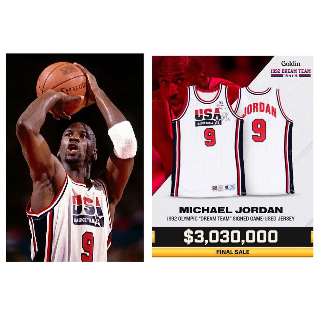 MICHAEL JORDAN 於 1992 年巴塞隆拿奧運會着用 9 號球衣被拍賣，最終以 2368 萬港幣成交