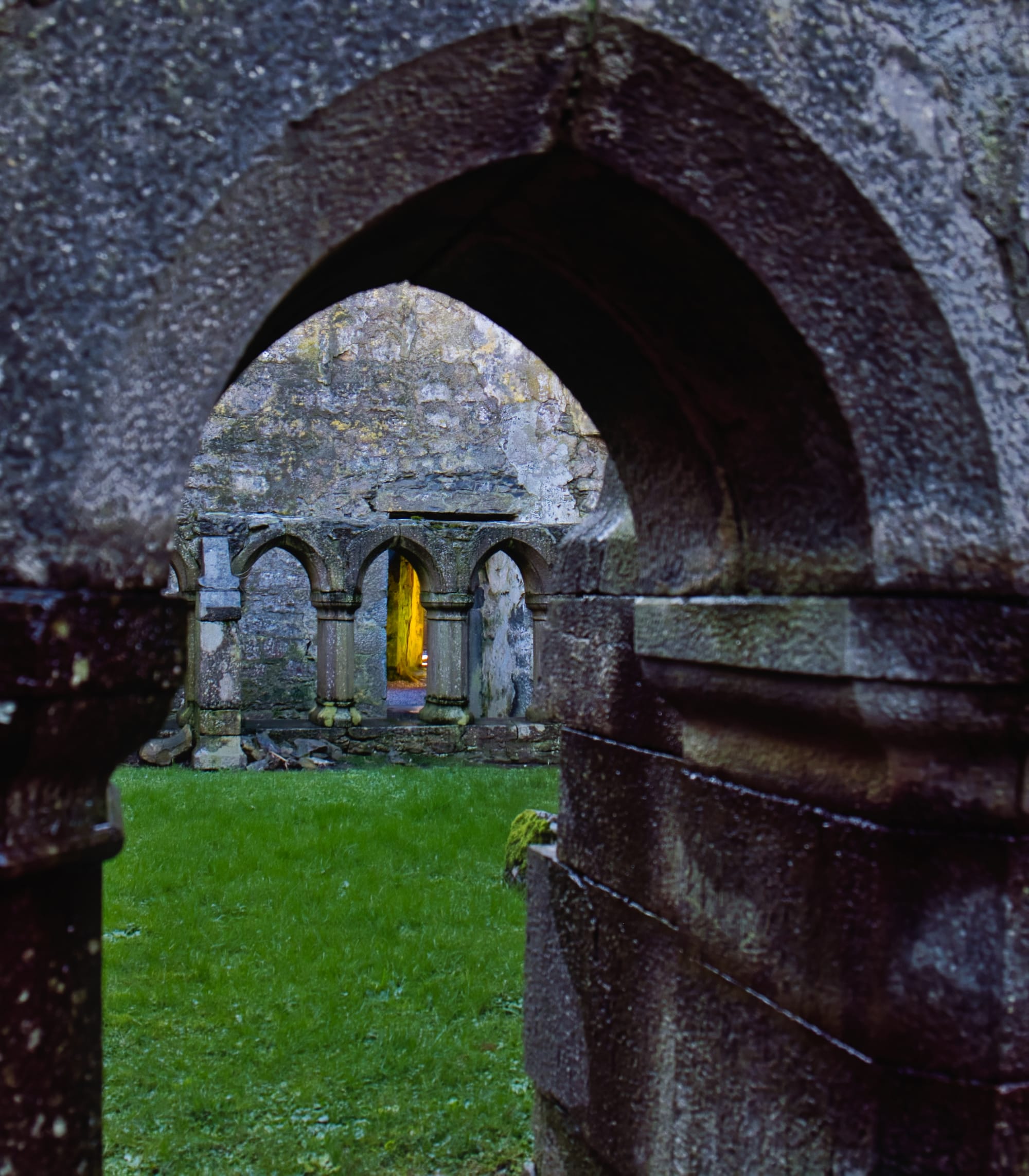 A sunlit doorway through the cloisters at Ross Errilly Friary