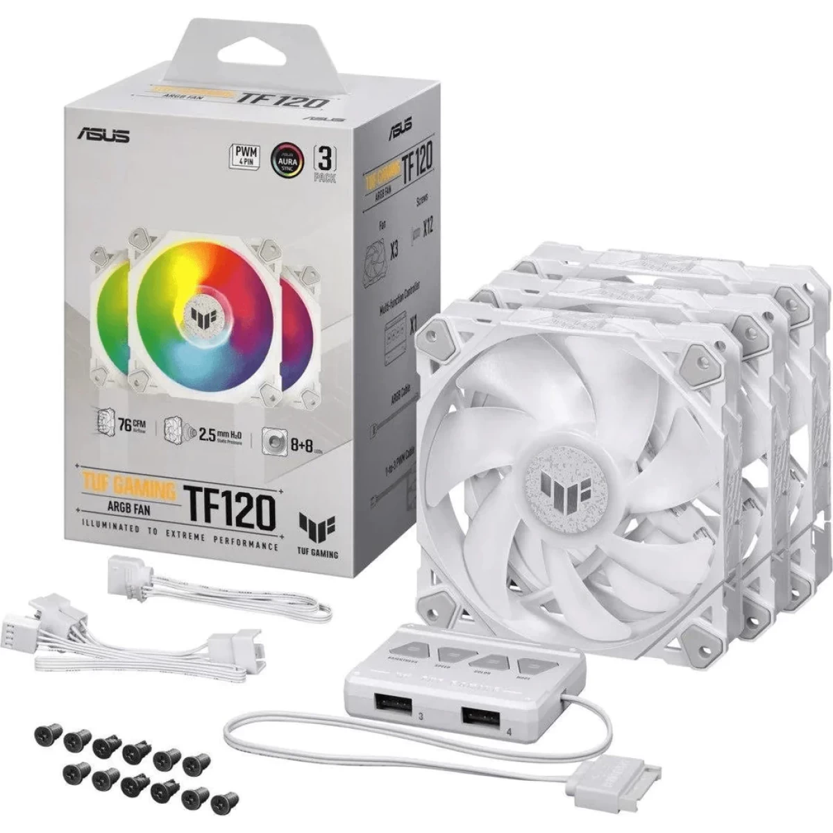 ASUS TUF Gaming TF120 ARGB Triple Fan Kit w/ Controller 3Pin LEDs Blade 120mm PWM Control For Computer -White
