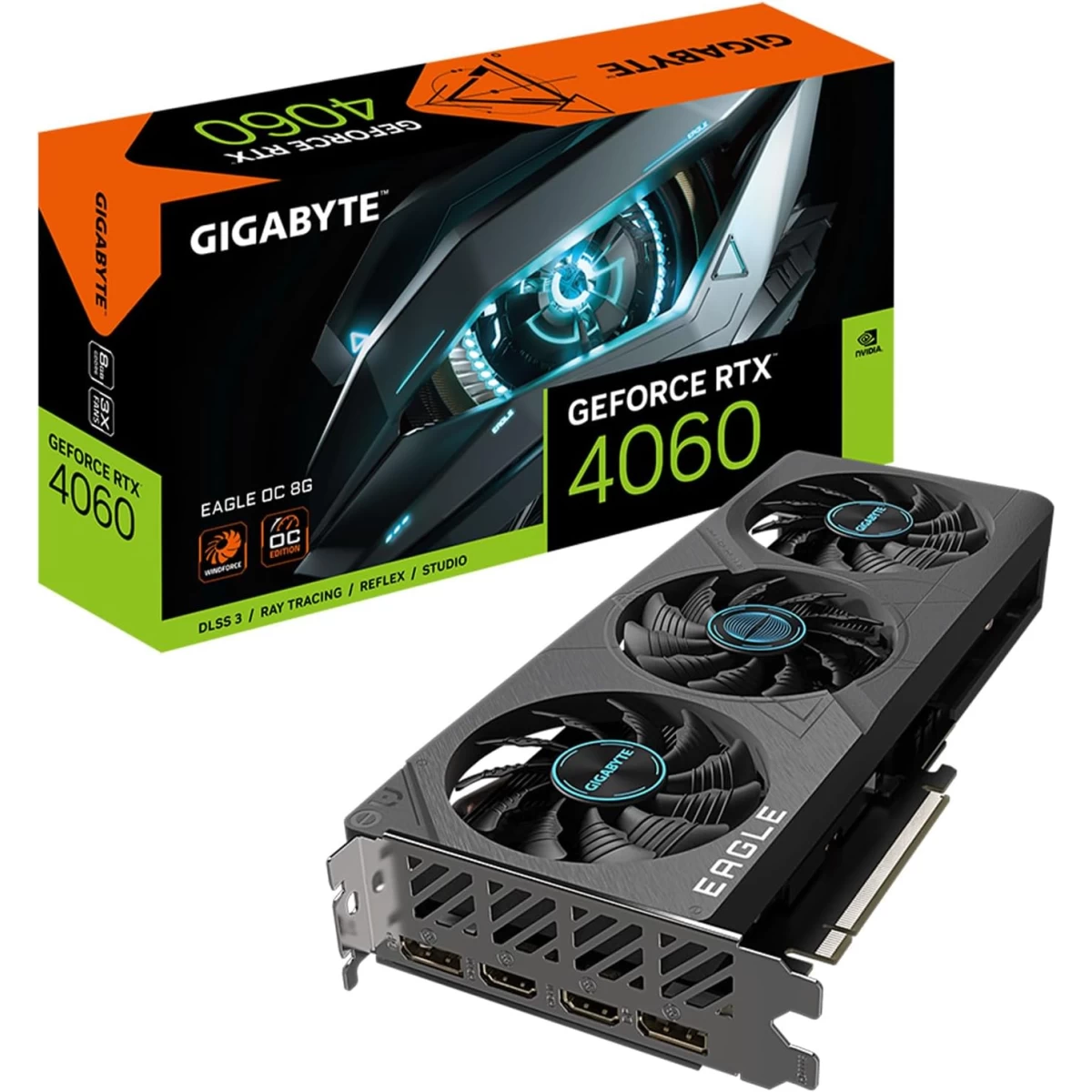 Gigabyte GeForce RTX 4060 Eagle OC 8G 3X WINDFORCE Fans 8GB 128-bit GDDR6REAL-TIME RAY TRACINGNVIDIA DLSS 3NVIDIA REFLEXNVIDIA STUDIONVIDIA BROADCAST & ENCODERNVIDIA OMNIVERSENVIDIA CANVAS