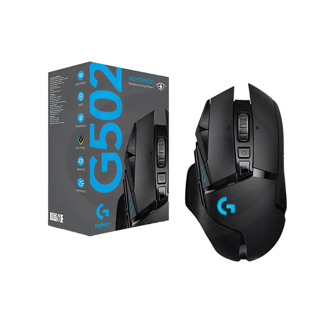 Logitech G502 Lightspeed Wireless Gaming Mouse with Hero 25K Sensor, PowerPlay Compatible, Tunable Weights and Lightsync RGB - BlackPLAY AT LIGHTSPEEDHIGH PERFORMANCE DESIGNEndoskeleton DesignMechanical Button TensioningTunable Weight System60-Hour LiPo B