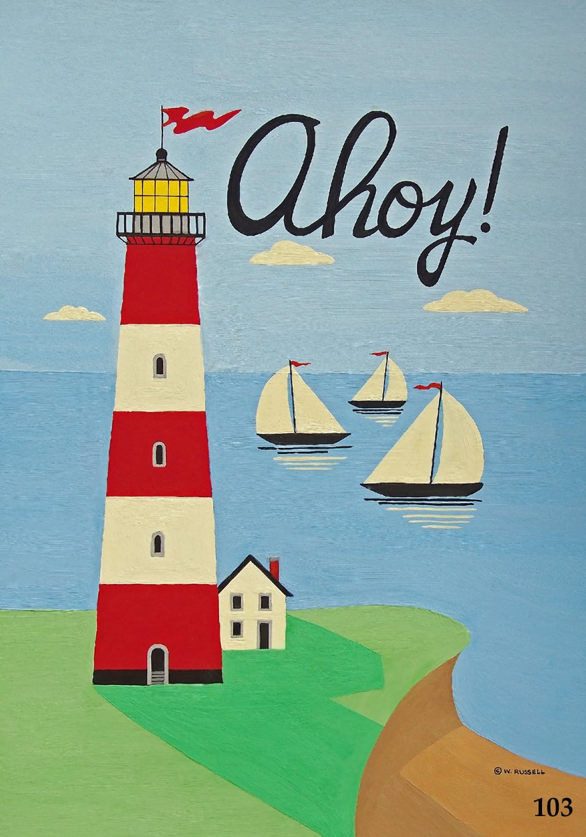 AHOY! Vertical Red and White Lighthouse Scene