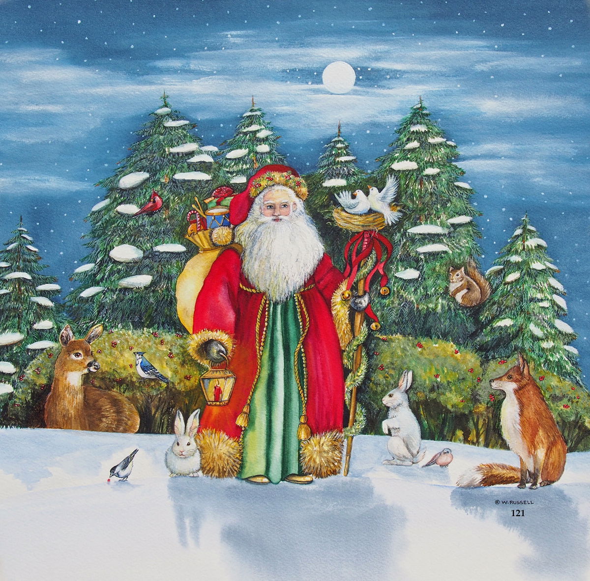 Moonlit Santa with Forest Animals