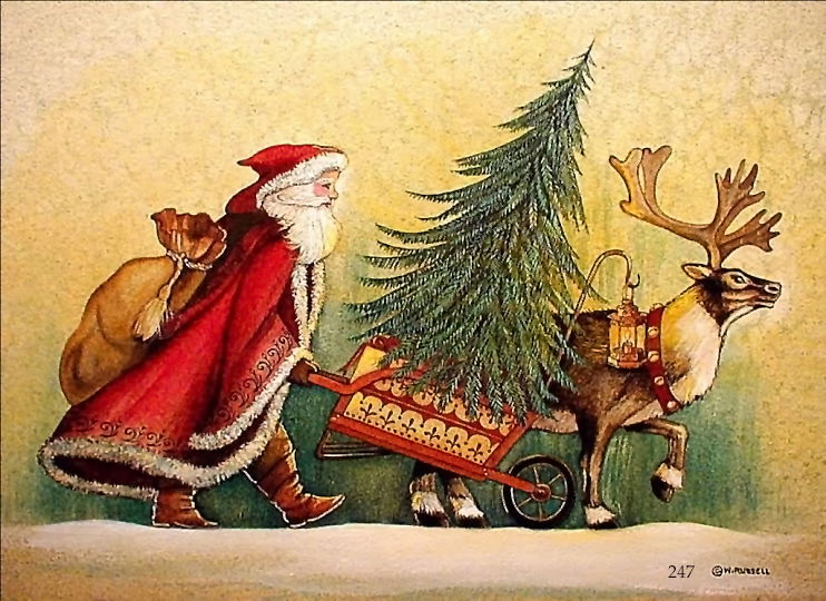 Country Santa with Wheelbarrow Tree and Reindeer Rough Sketch