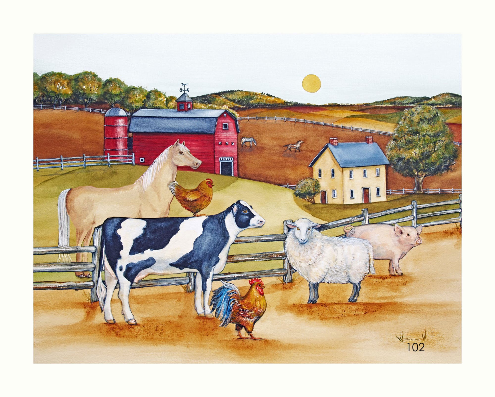 Folk Art Style Farm with Barnyard Animals