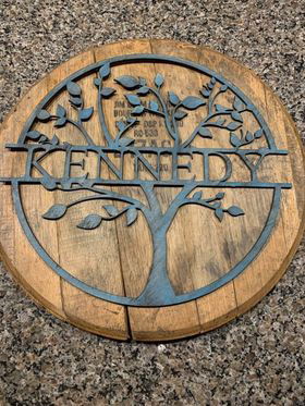 Whiskey Barrel w/ 3D Split monogram Tree Overlay Design