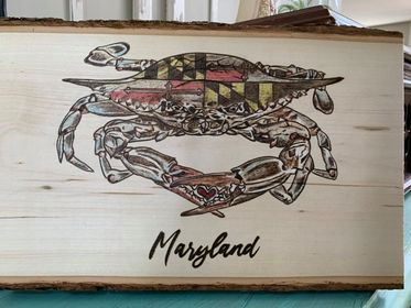 Hand Wood burned Maryland Crab, colored by hand