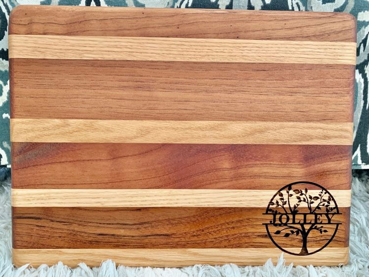 Multiwood cutting board w/ small corner monograms