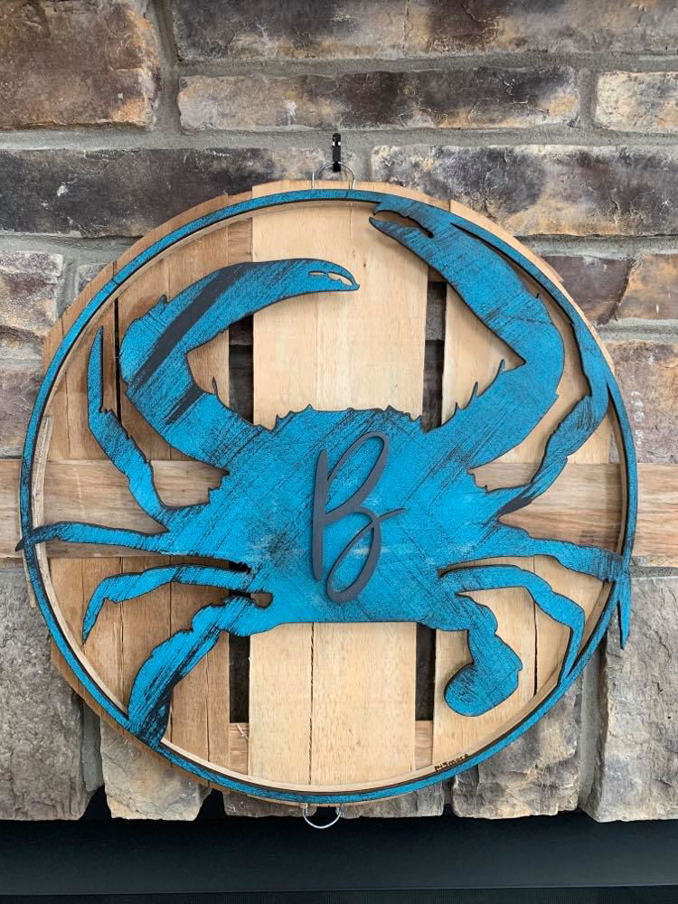 Recycled bushel lid with whole crab overlay design (added initial)