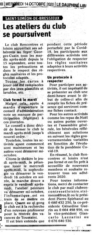 REPRISE DES ACTIVITÉS DU CLUB 14-10-2020