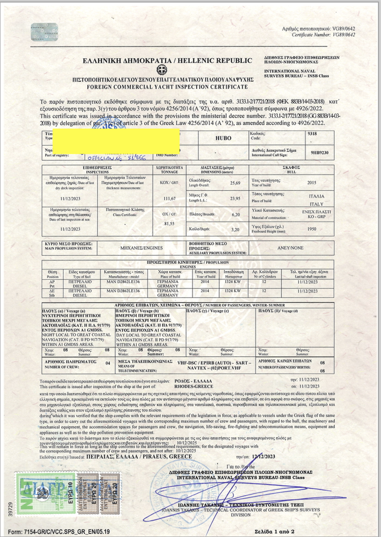 FOREIGN COMMERCIAL YACHT INSPECTION CERTIFICATE (PEXEPA)