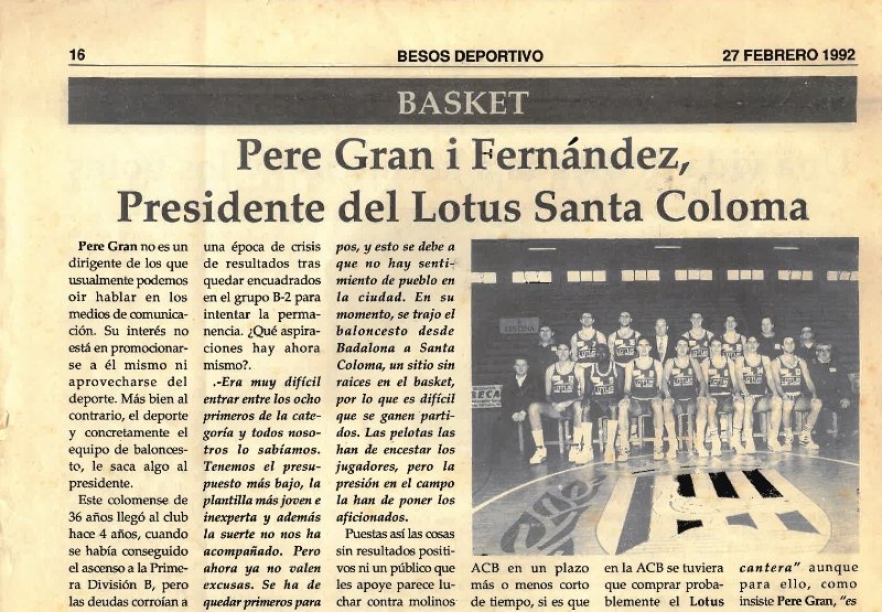 Records històrics. Pere Gran i Fernández, President del Lotus Santa Coloma
