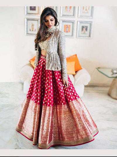 Buy Pink-Grey Satin sequence Jacket Lehenga Online from EthnicPlus for ₹2,149.00 image