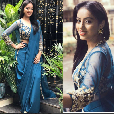 Buy Deepika Singh Teal Blue Sequins Silk Indo-Western Partywear Saree Online from EthnicPlus for ₹2, image