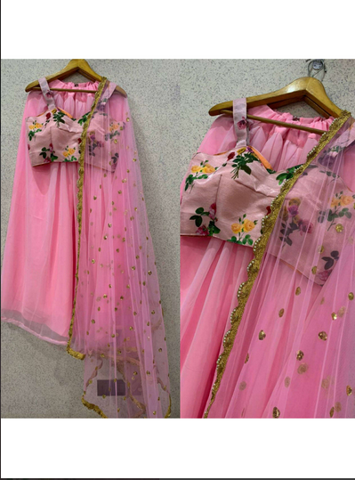 Buy Baby Pink Floral Printed Georgette Party Wear Crop Top Lehenga Dupatta Online from EthnicPlus fo image