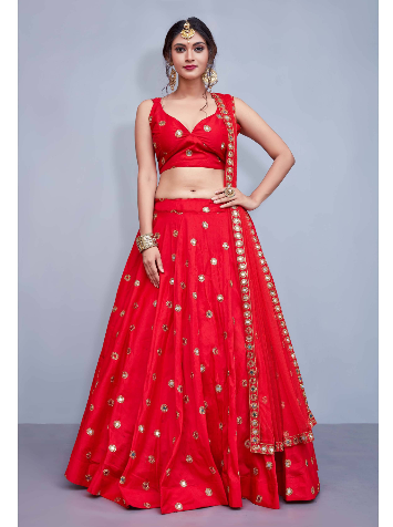 Buy Readymade Red Mirror Work Taffeta Silk Party Wear Lehenga Choli With Dupatta Online from EthnicP image