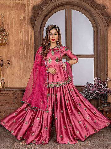Buy Pink Embroidered Satin Pakistani Sharara Suit Online from EthnicPlus for ₹2,849.00 image