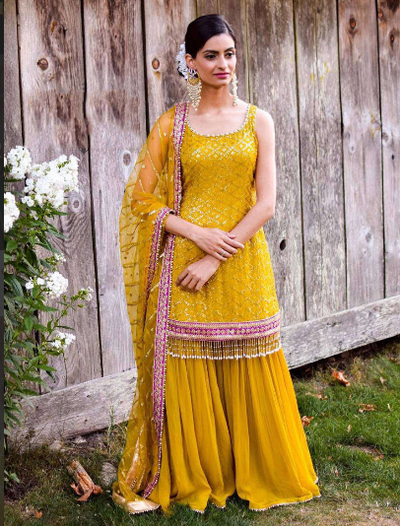 Buy Yellow Sequins Georgette Party Wear Sharara Suit With Dupatta Online from EthnicPlus for ₹2,399. image