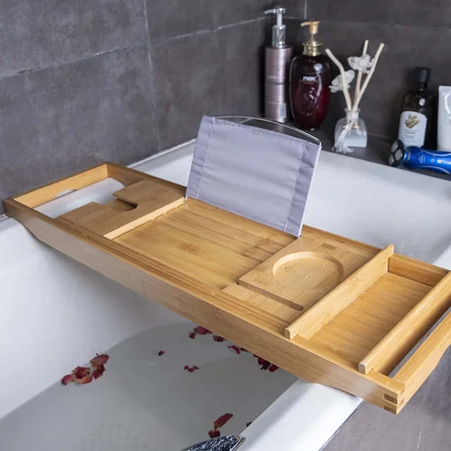 Bamboo wooden bathtub tray shelf with expanding sides