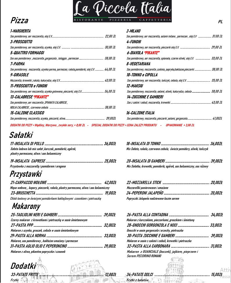 Menu LA PICCOLA ITALIA