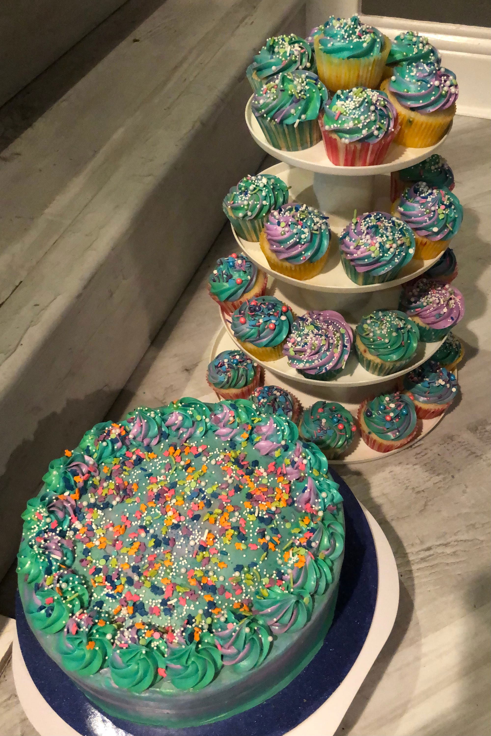 Tie-Dye 2 Layer Birthday Cake With Matching Cupcakes