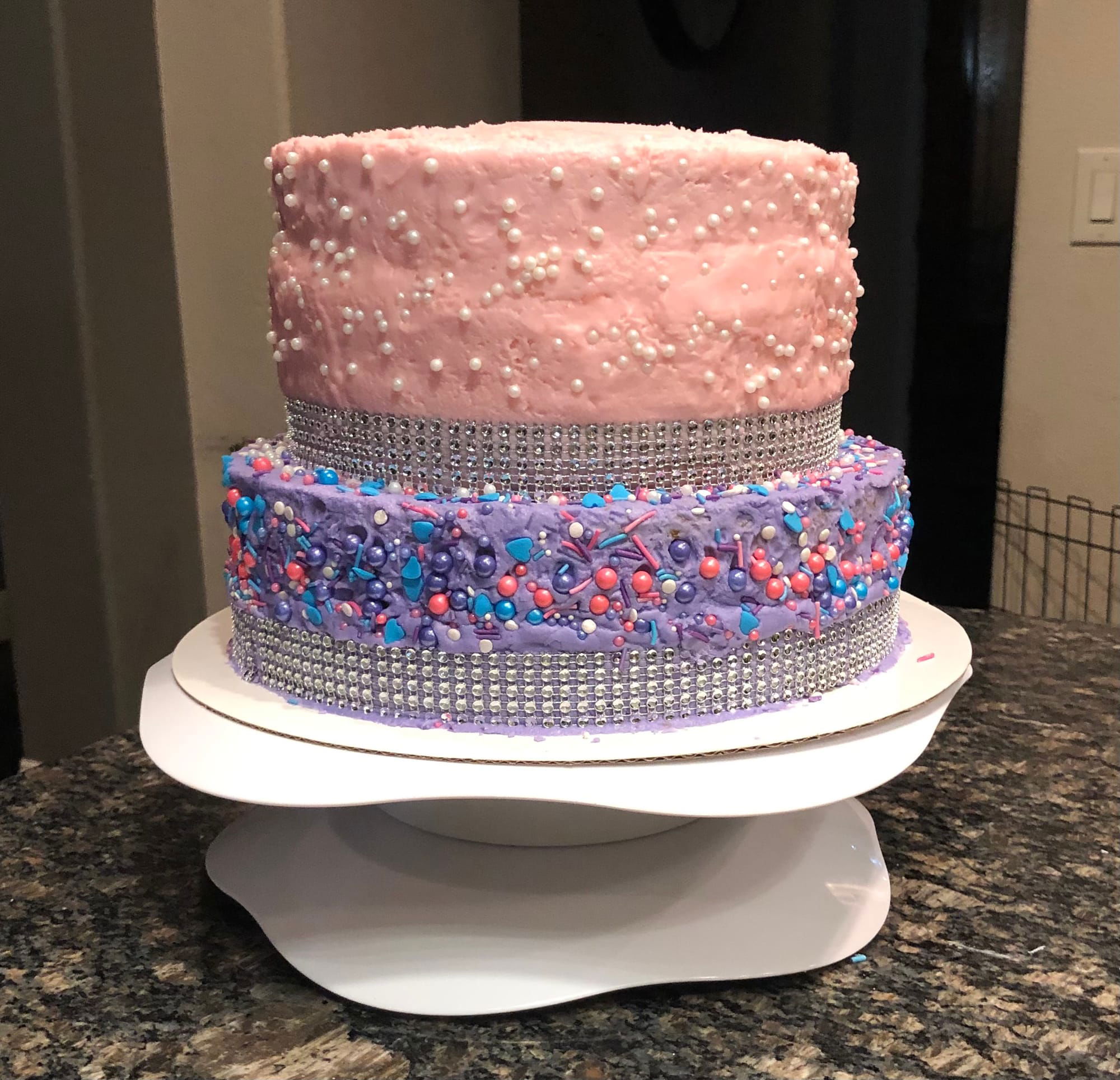 5 Layer 2 Tier Vanilla And Strawberry Cake With Vanilla Buttercream Frosting