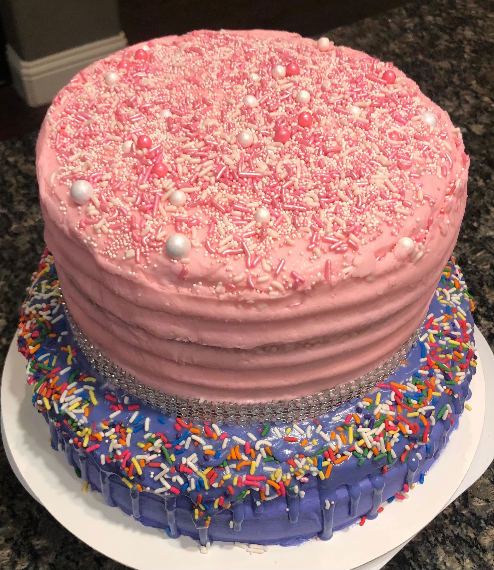 2 Tier, 5 Layer Strawberry & Vanilla Birthday Cake With Pink & Purple Vanilla Buttercream Frosting