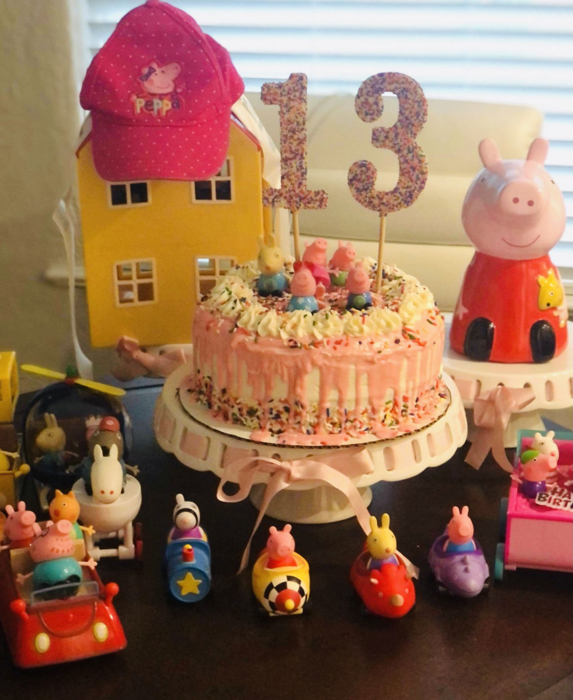 3 Layer Vanilla Peppa Pig Birthday Cake With Pink Ganache And Sprinkles